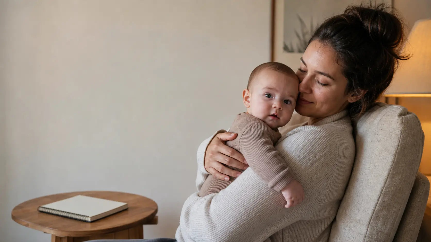 A mother sits in a chair and gently holds her baby in a warm home setting.