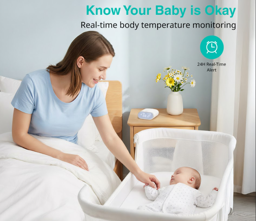 Mother checking on sleeping baby beside a Baby Thermometer with real-time temperature monitoring