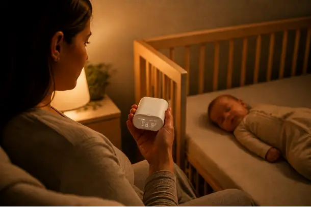 Mother checking a digital monitoring device while her baby sleeps safely in a crib nearby