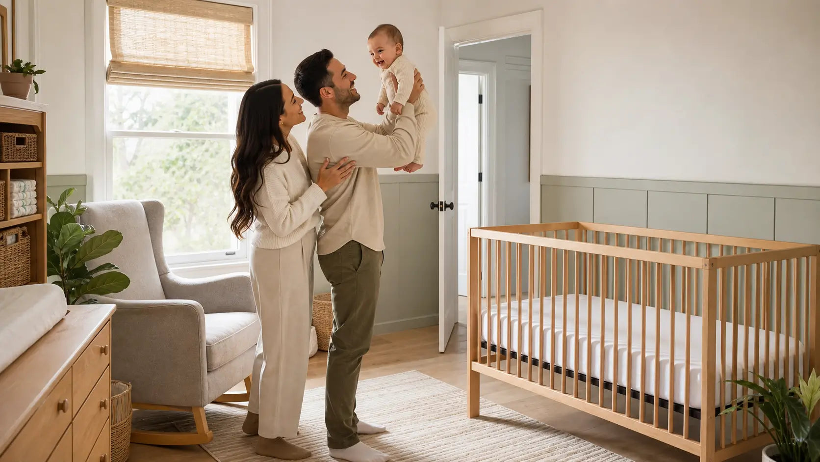 Parents holding their smiling baby in a bright nursery beside a wooden crib