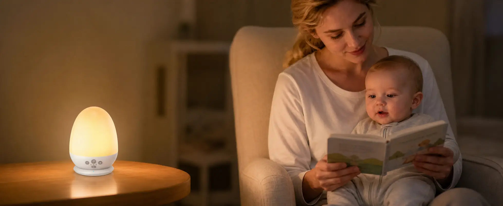 A mother sits in a cozy armchair reading a picture book with her baby while a warm egg-shaped night light glows on the nearby wooden table.