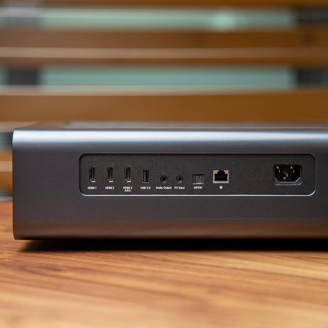 VAVA Chroma's connectivity shown through various output and input ports such as HDMI 2.0, USB and power cable