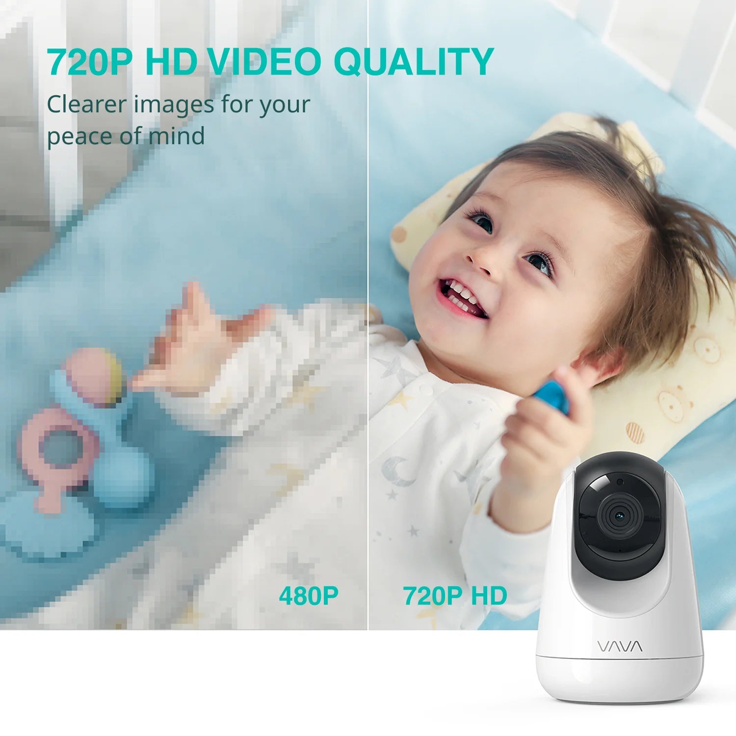 Baby lying on a blue blanket with a toy, next to a VAVA security camera emphasizing 720P HD video quality.
