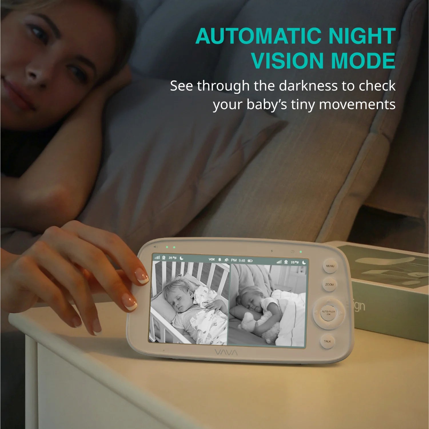 Baby monitor with screen displaying a baby in a crib, with text about automatic night vision mode.