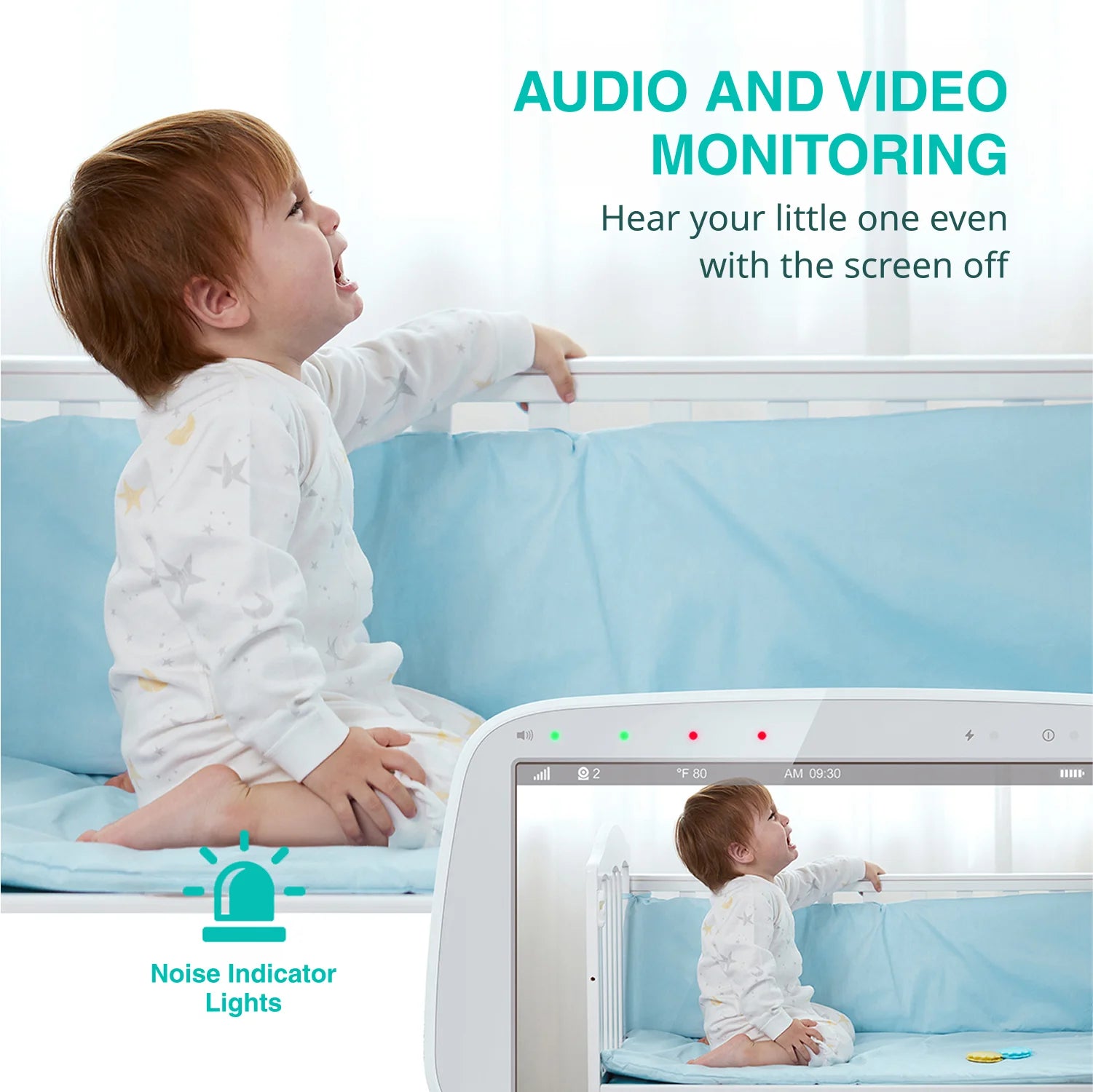 Child sitting in a crib with a monitor displaying the child's reflection, emphasizing audio and video monitoring features.