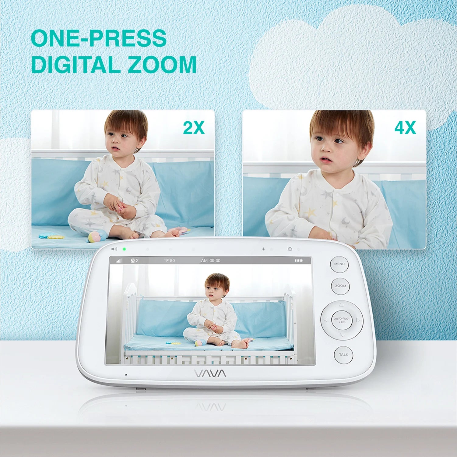 VAVA video monitor with digital zoom feature on a light blue background