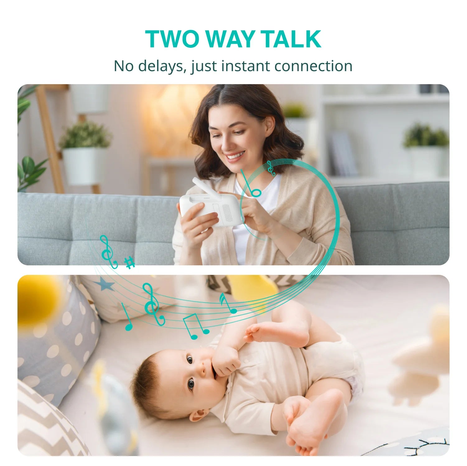 Woman using a device with a baby, emphasizing 'Two Way Talk' feature.