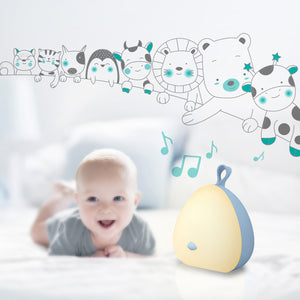 The VAVA Peep-a-Light with a smiling baby, music notes, and cartoon animals in the background.