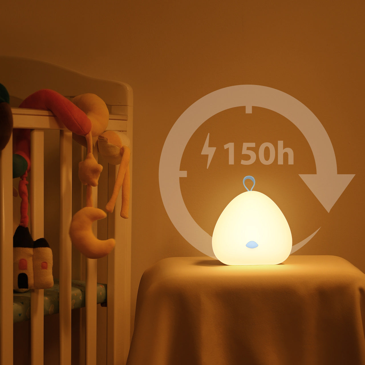 The VAVA Peep-a-Light on a night stand table next to a baby crib.