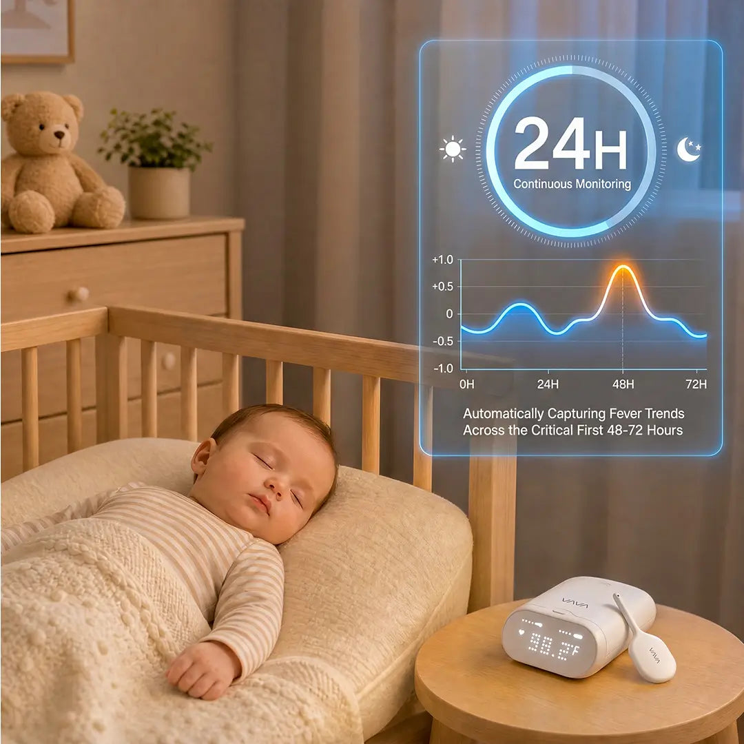 Sleeping baby in a nursery with a VAVA smart thermometer on the bedside table and a digital overlay showing 24-hour continuous temperature monitoring.