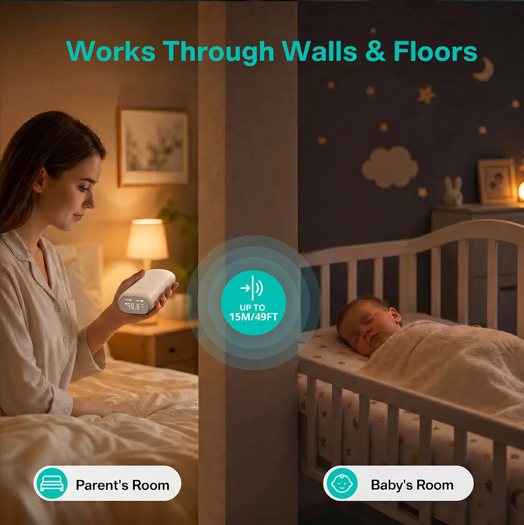 Parent checks a VAVA baby thermometer monitor from another room while a baby sleeps in the nursery, with a signal graphic showing up to 15 meters or 49 feet of range.