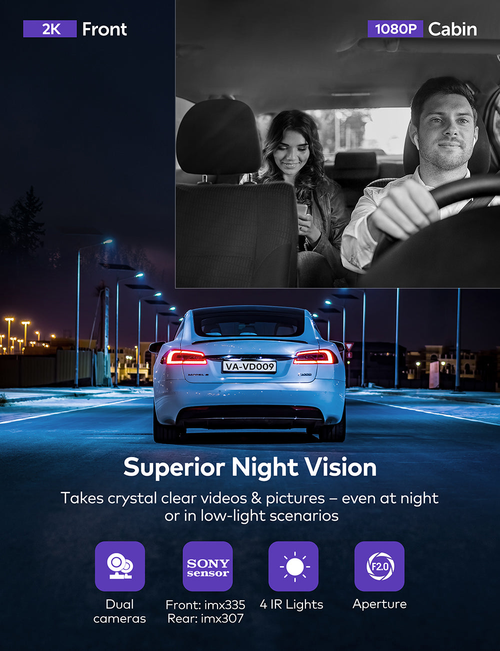 VAVA 2K Dual Dash Cam 1080P cabin view in night vision mode and a blue car driving down a road depicting 2K front view