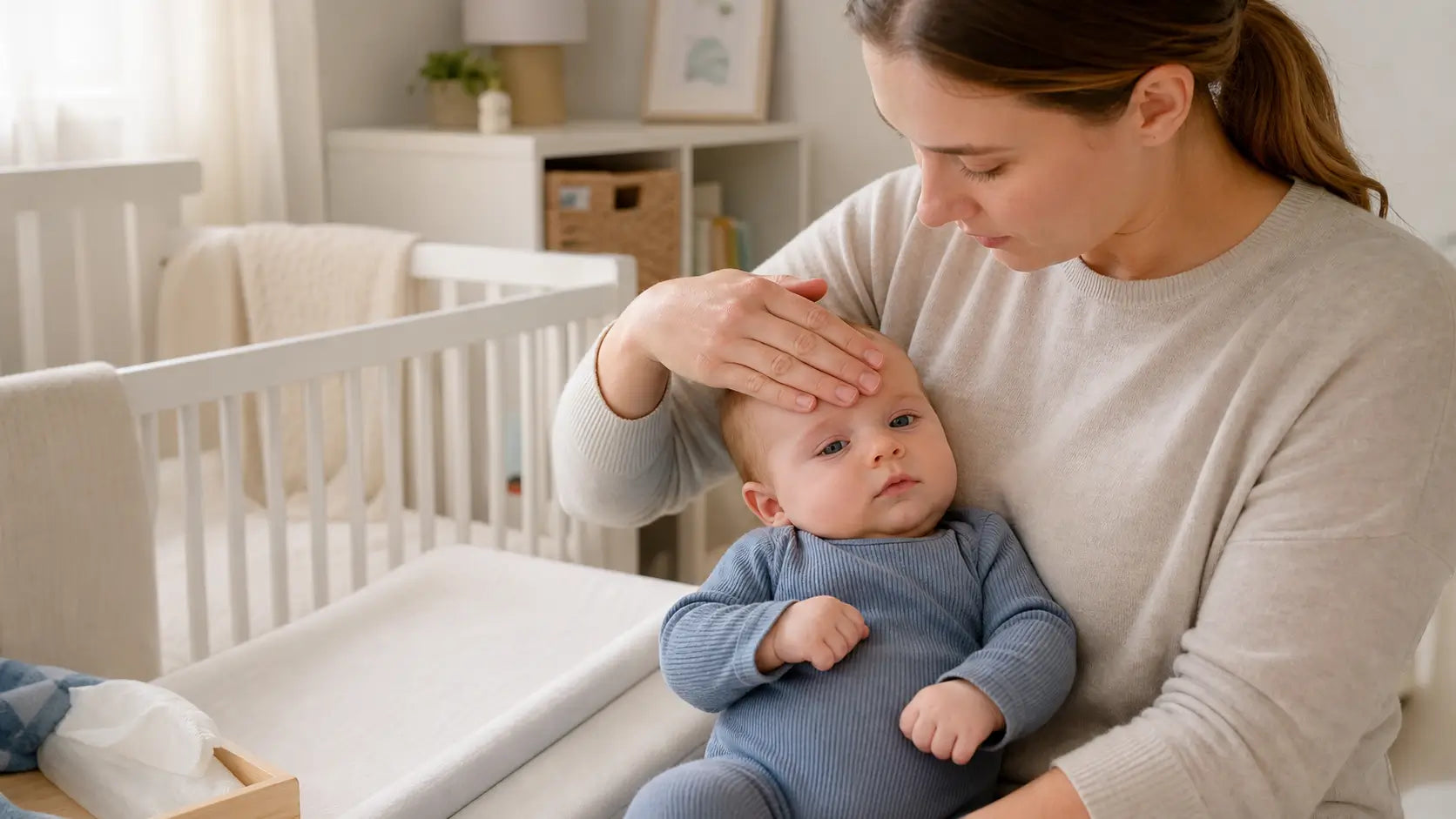 A mother gently touches her baby’s forehead while holding the baby in a bright nursery.