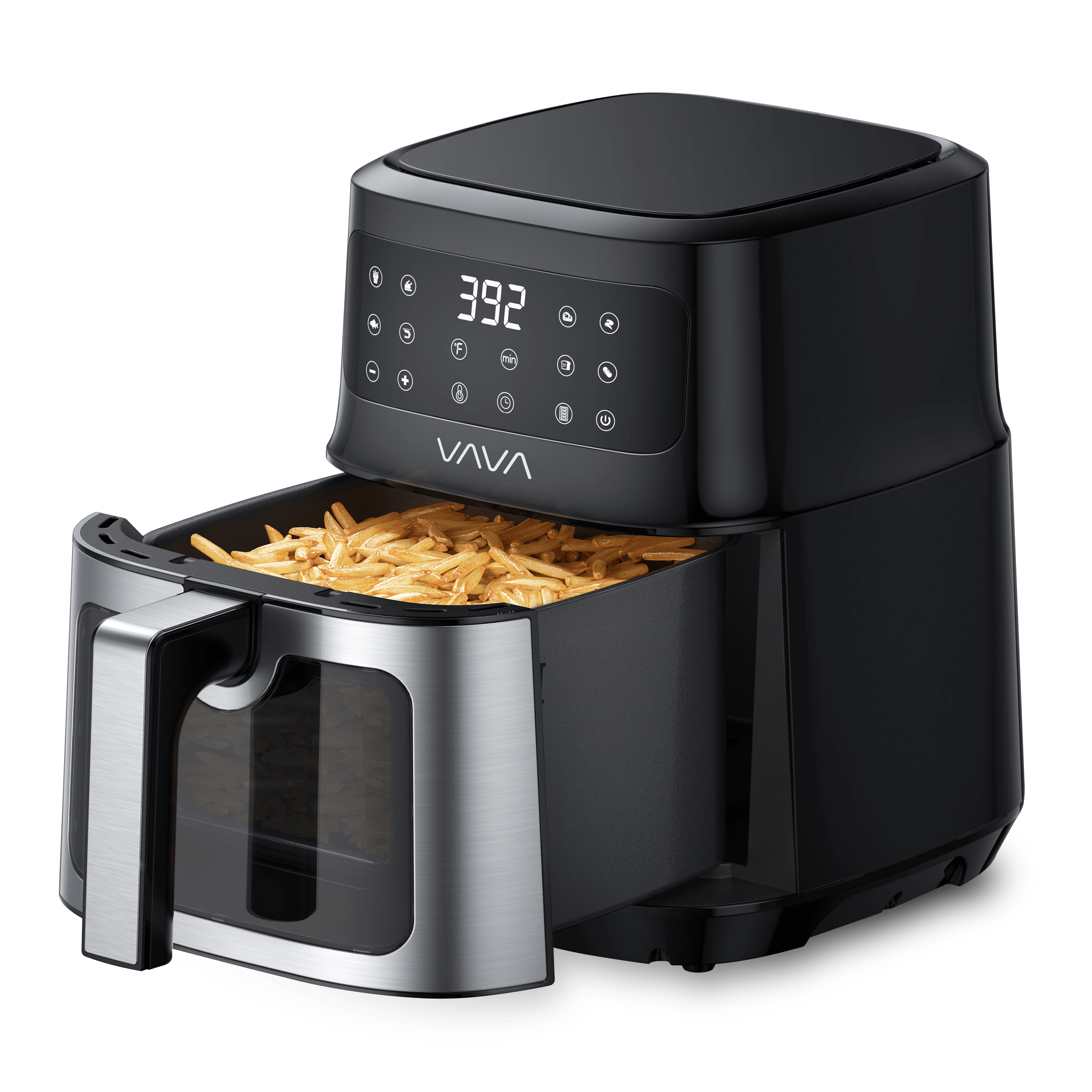 VAVA air fryer with the cooking basket pulled out to reveal fries inside