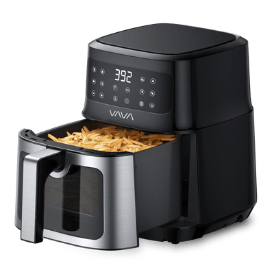 VAVA air fryer with the cooking basket pulled out to reveal fries inside