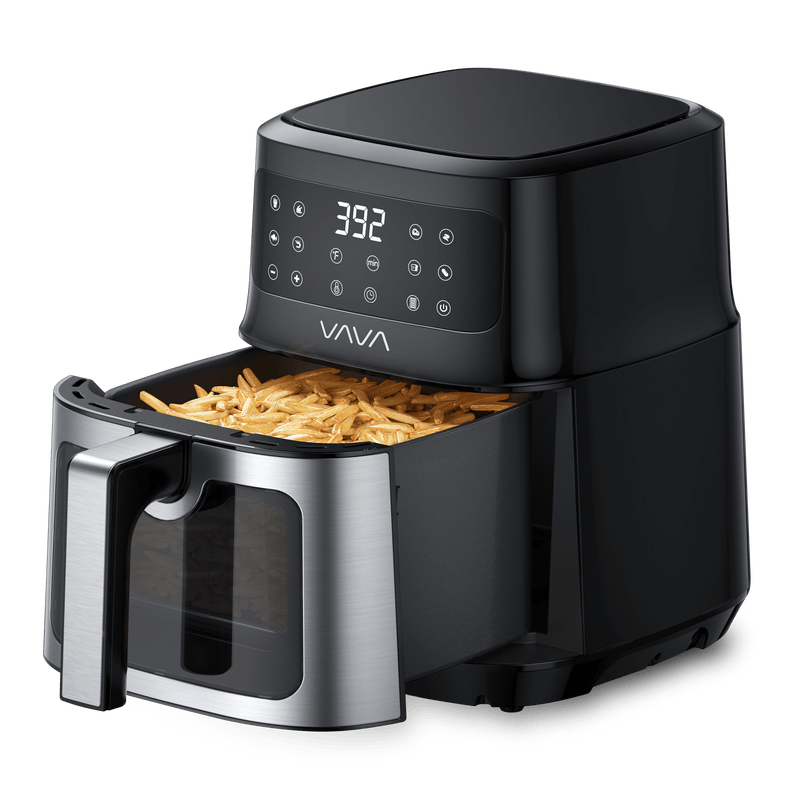 VAVA air fryer with the cooking basket pulled out to reveal fries inside