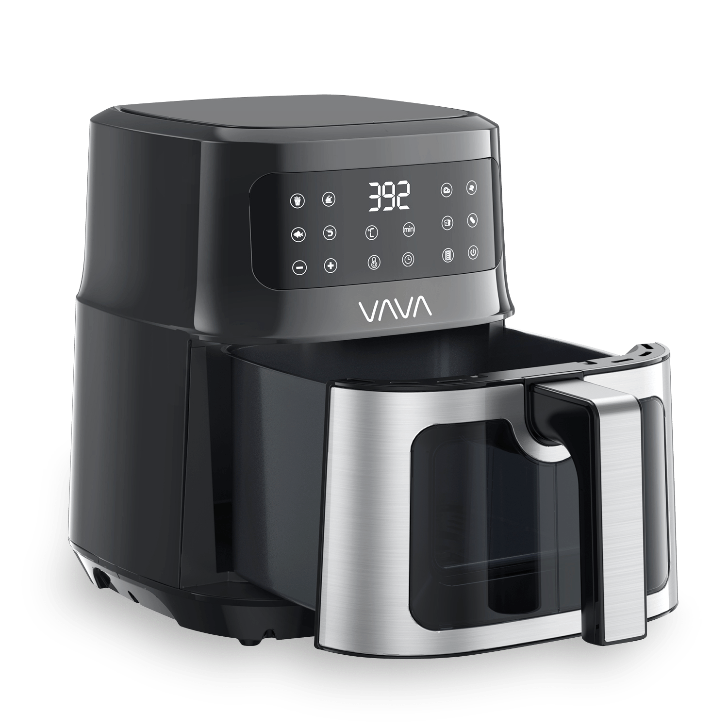 The left view of VAVA air fryer with the cooking basket pulled out