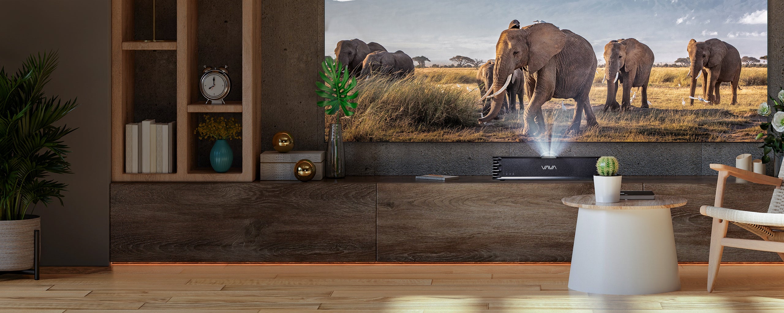 Living Room Home Theater with a 4K Laser Projector and elephants on the big screen