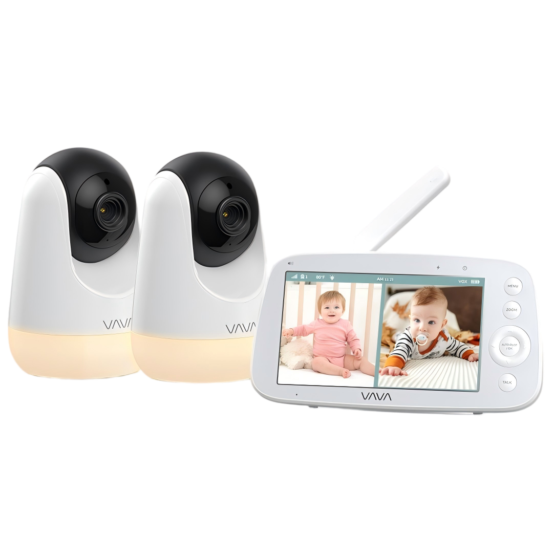 VAVA baby monitor system with two cameras and a display screen on a white background