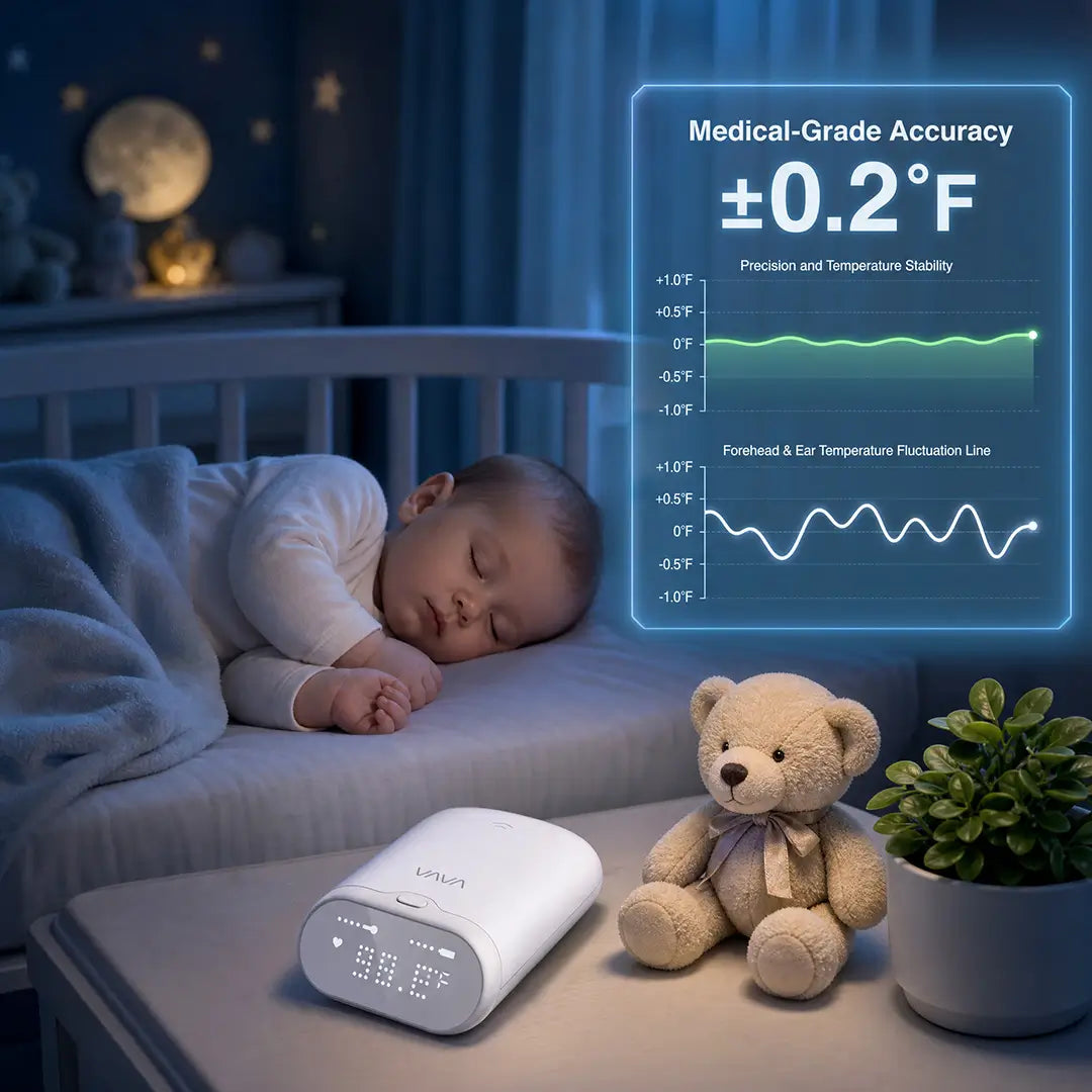 A sleeping baby in a nursery with a VAVA baby thermometer monitor on the bedside table and a digital overlay showing ±0.2°F temperature accuracy.