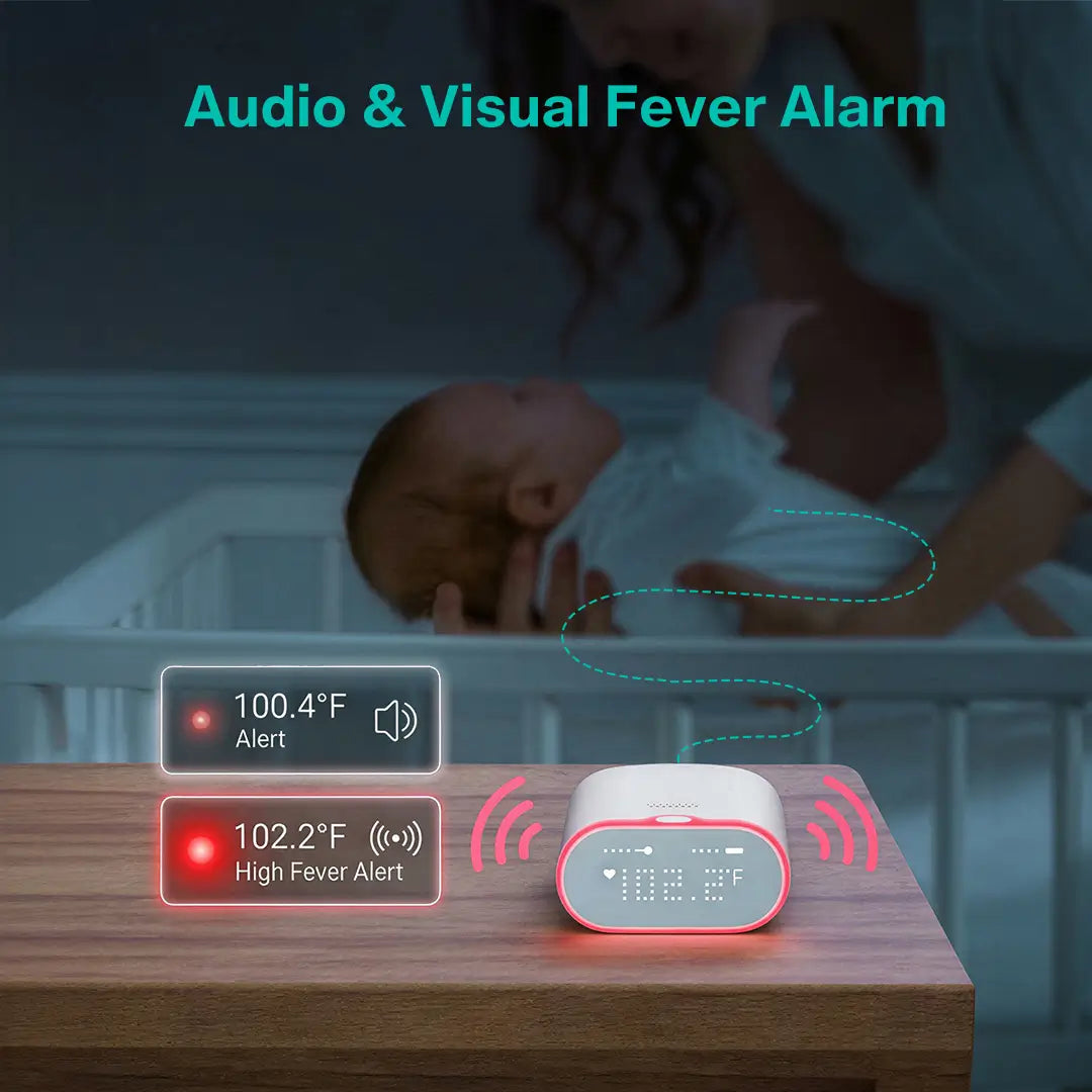 VAVA baby thermometer monitor on a bedside table showing fever alert readings, with audio and visual alarm graphics in a nighttime nursery scene.