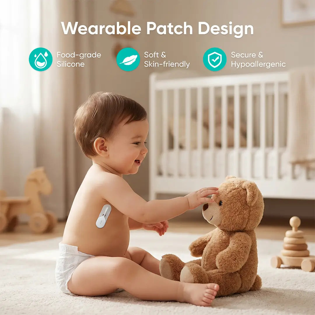 Baby sitting in a nursery with a small wearable thermometer patch on the side of the body, with icons highlighting soft, skin-friendly silicone design.
