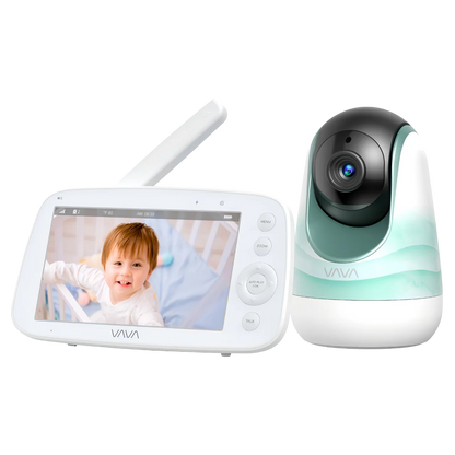 VAVA baby monitor with screen displaying a baby and camera on a white background