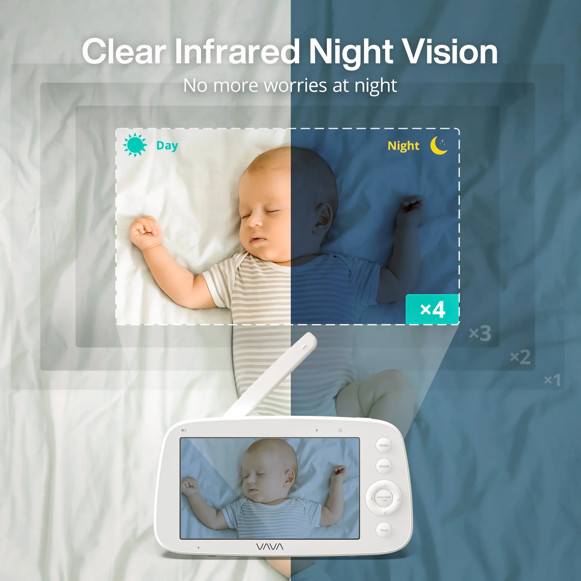 Baby monitor with clear infrared night vision feature, showing a baby sleeping and being monitored.