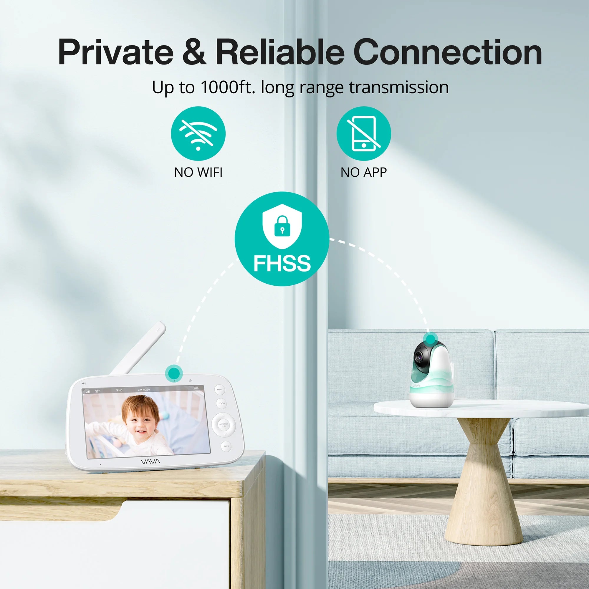 Baby monitor with FHSS technology for private and reliable connection, displayed in a home setting.