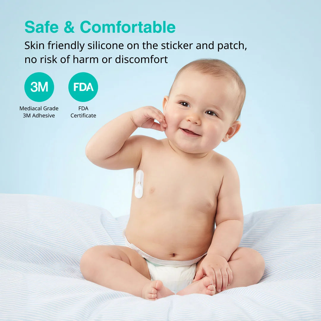 Baby wearing a medical patch with 3M and FDA logos on a light blue background
