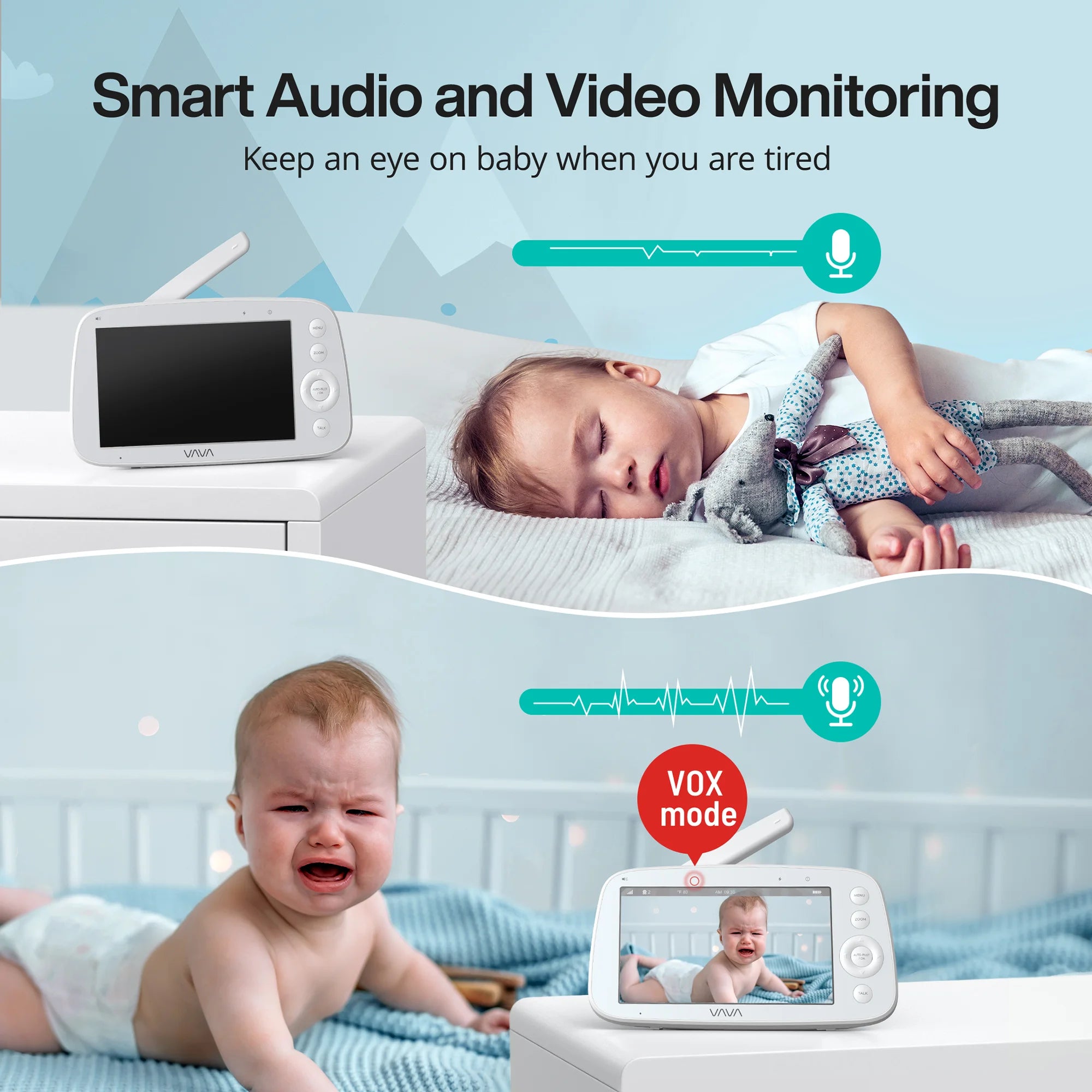 Baby monitor with text on smart audio and video monitoring, showing a baby sleeping and crying.
