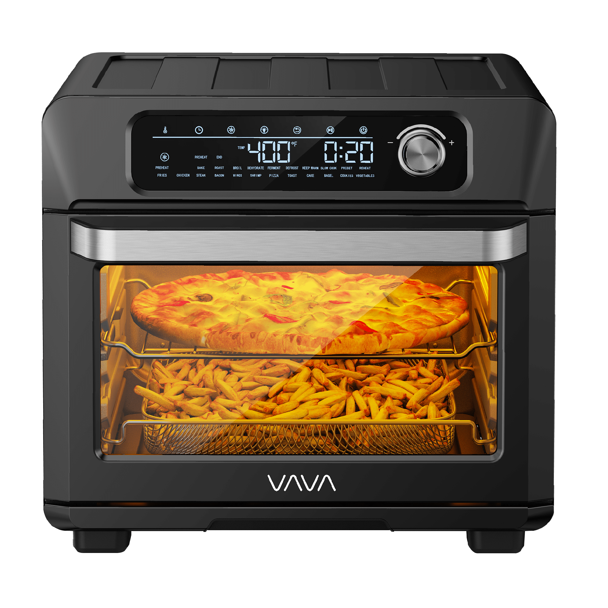 VAVA air fryer oven with a pizza and french fries cooking inside
