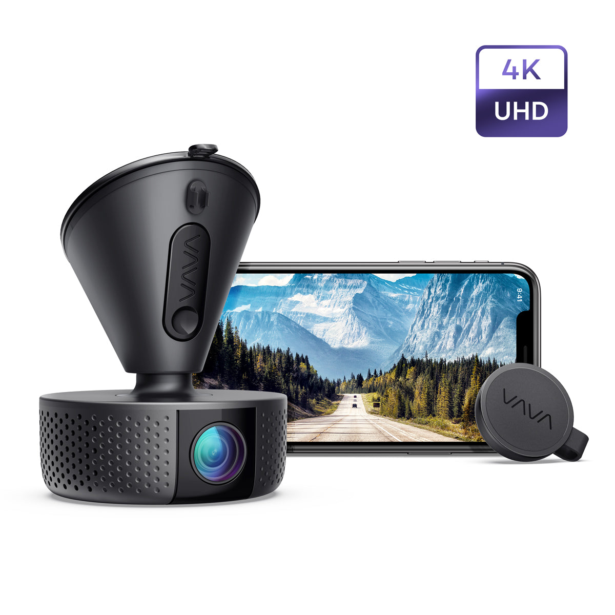 VAVA 4K UHD Dash Cam with a smartphone in the background