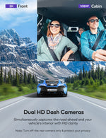 VAVA 2K Dual Dash Cam showing the 2K front view and 1080P cabin view, blue car driving down a road surrounded by trees and mountains
