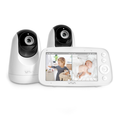 VAVA split screen baby monitor in white displaying a toddler and sleeping baby and 2 white cameras