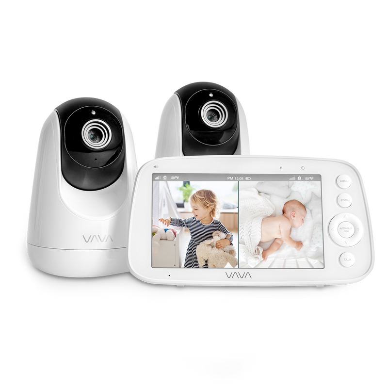 VAVA split screen baby monitor in white displaying a toddler and sleeping baby and 2 white cameras