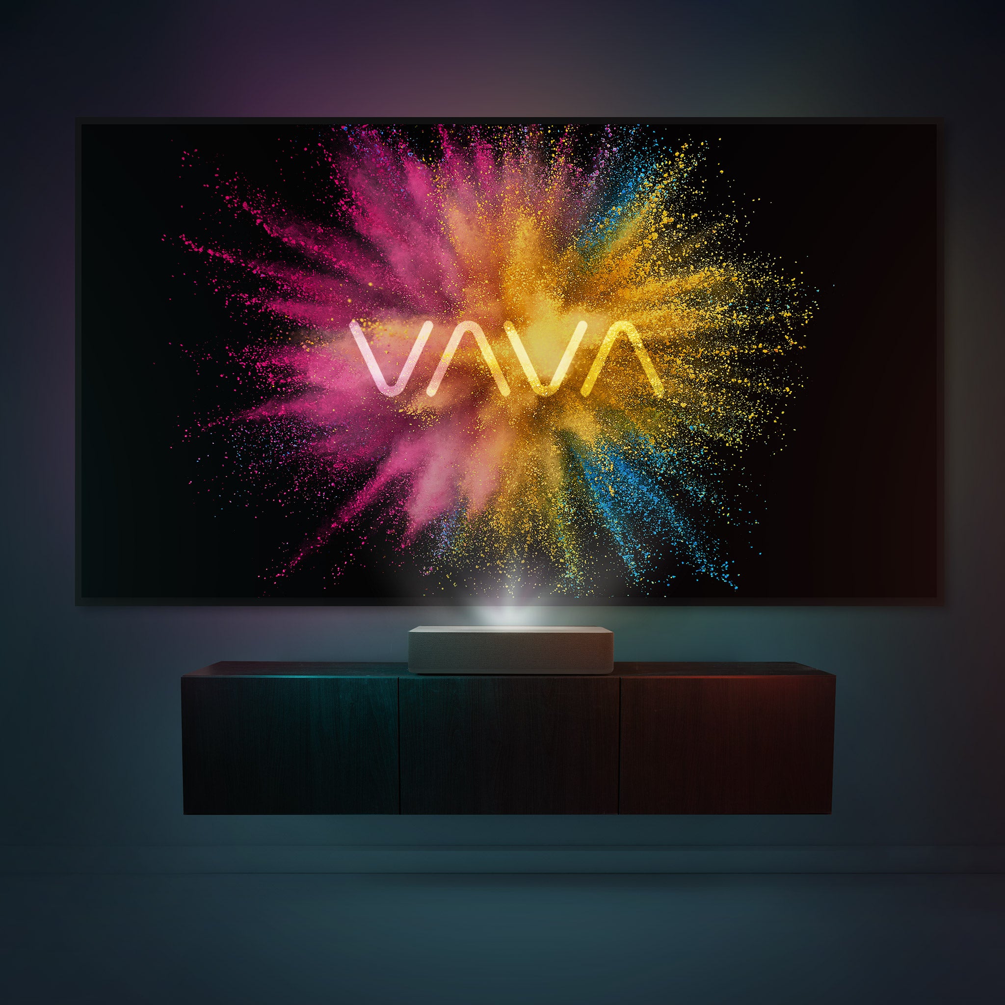 The VAVA logo projected on a VAVA ALR Screen Pro in a dark room