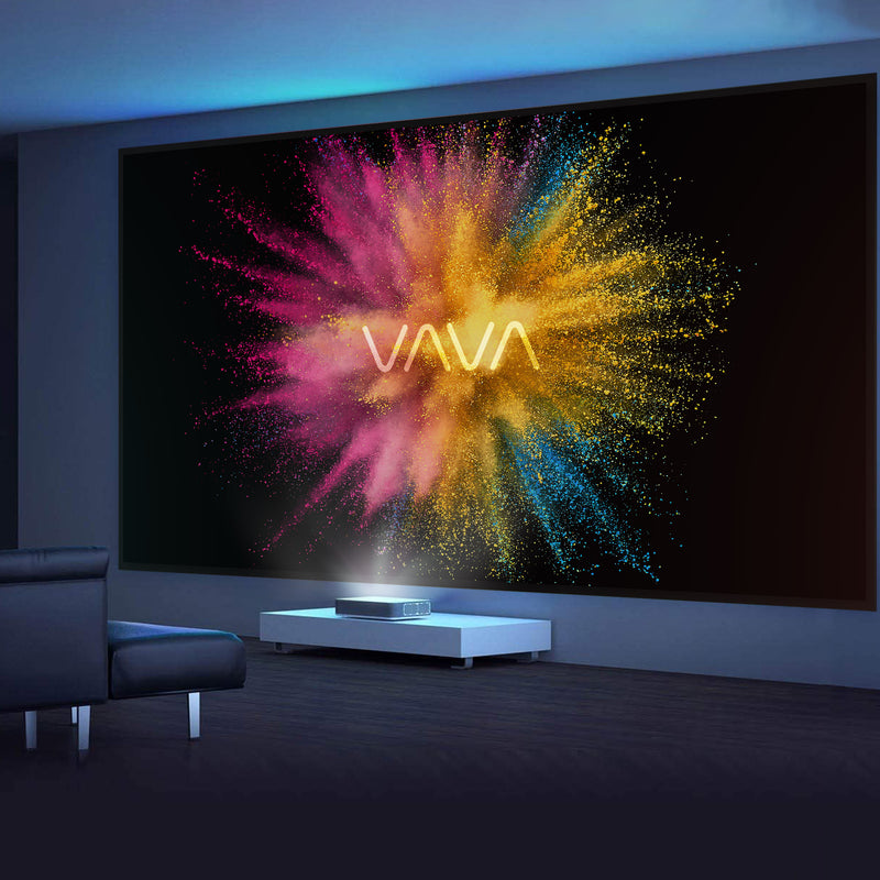 The VAVA logo projected on a VAVA ALR Screen Pro in a home theater setting
