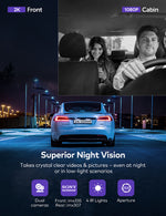 VAVA 2K Dual Dash Cam 1080P cabin view in night vision mode and a blue car driving down a road depicting 2K front view