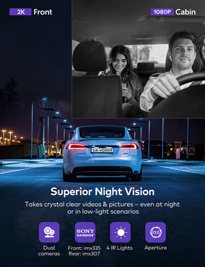 VAVA 2K Dual Dash Cam 1080P cabin view in night vision mode and a blue car driving down a road depicting 2K front view