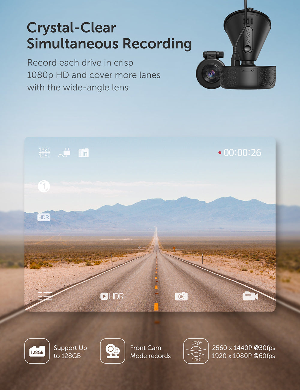 The VAVA 1080P Dual Dash Cam showing a desert road on the recording screen