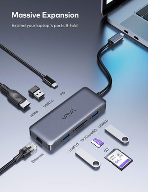 VAVA 8-in-1 USB-C Hub in the middle of an HDMI, USB 2.0, PD, Ethernet, USB 3.0, TF/MicroSD, SD, and USB 3.0 cables