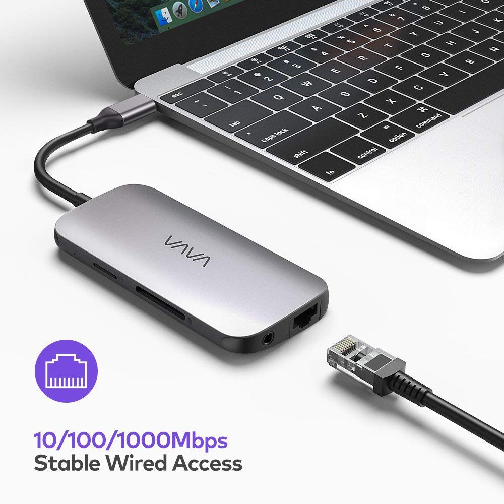 VAVA 9-in-1 USB-C Hub connected to a laptop computer near an ethernet cable