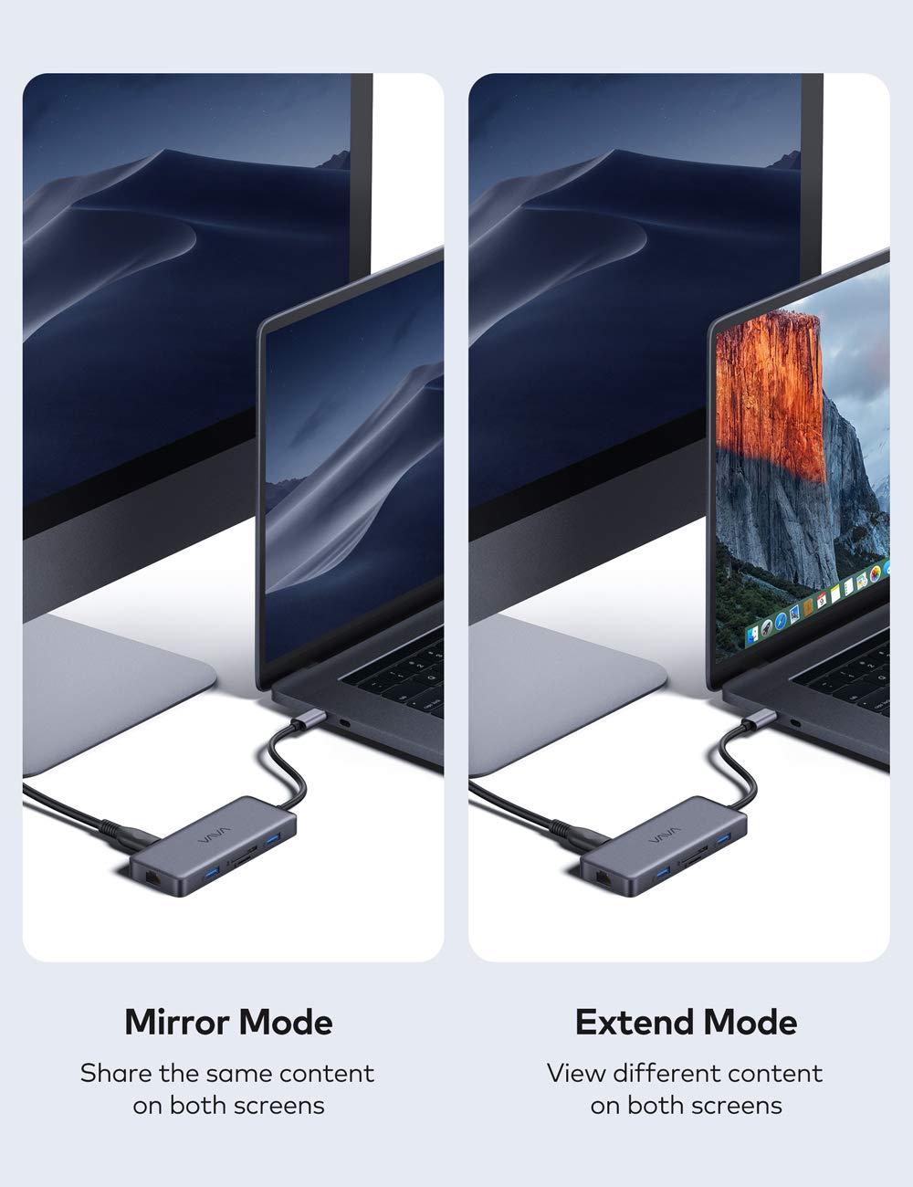 Two VAVA 8-in-1 USB-C Hubs connecting into laptops and computer monitors to show the mirror mode and extend mode