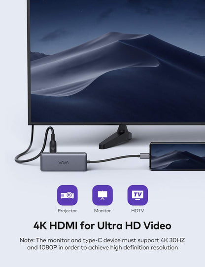VAVA 8-in-1 USB-C Hub connected to a computer monitor and smartphone