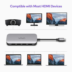 VAVA 9-in-1 USB-C Hub in the middle, a webcam, computer monitor, and t.v. above, and three laptops below