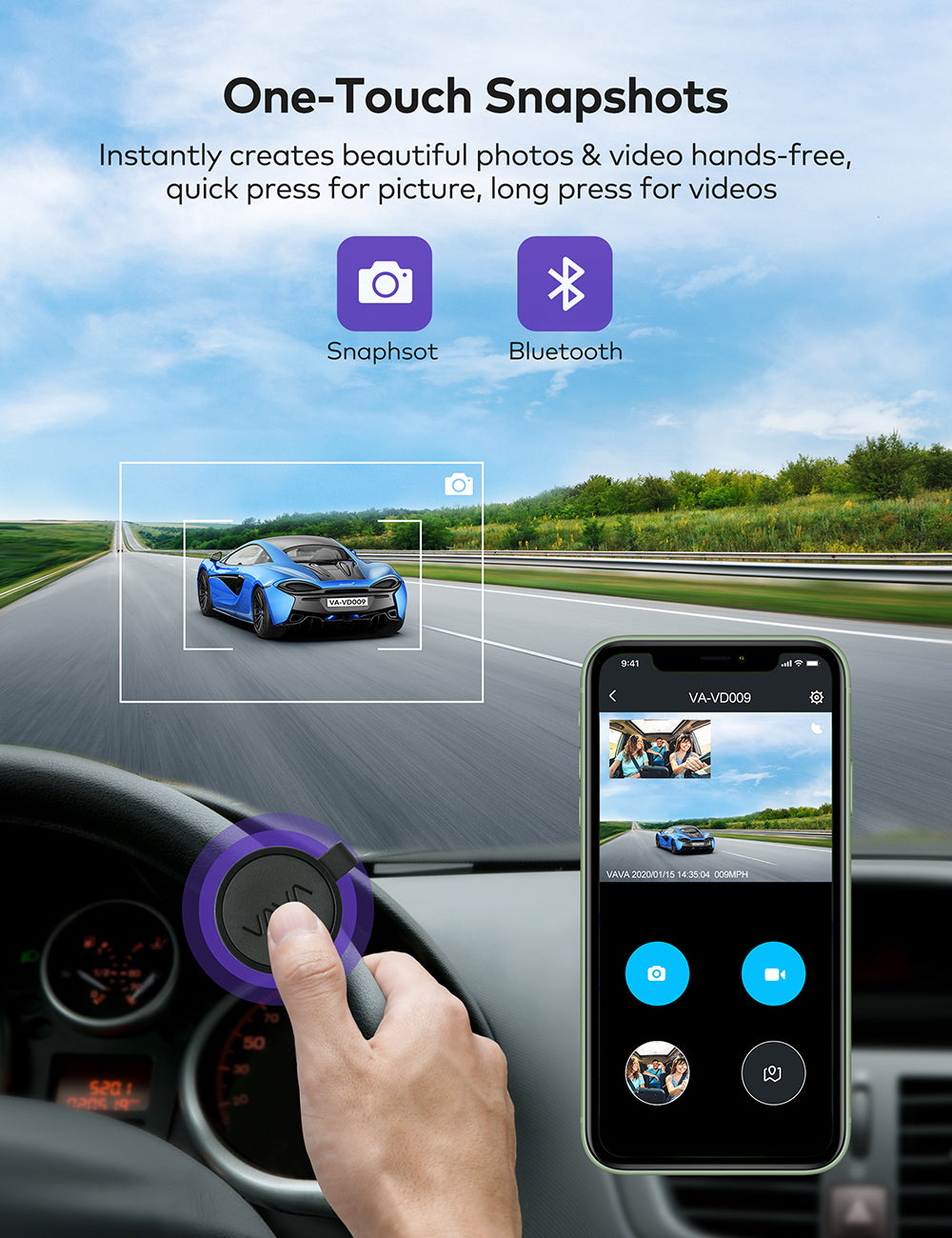 VAVA 2K Dual Dash Cam with the One-Touch Snapshots feature