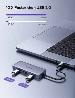 VAVA 8-in-1 USB-C Hub connected with two USB 3.0’s and a laptop computer