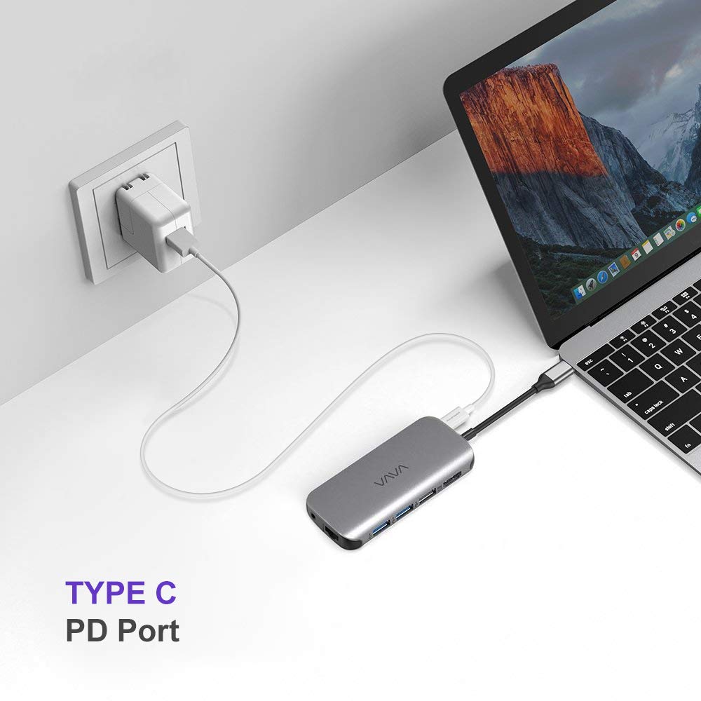 VAVA 9-in-1 USB-C Hub plugged into a laptop and PD Port-C