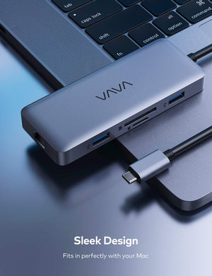 VAVA 8-in-1 USB-C Hub on a laptop computer showcasing its sleek design